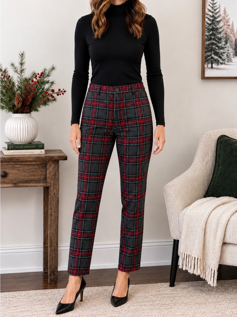 Talbots Women's Wool Red Gray & Green Plaid Dress Pants